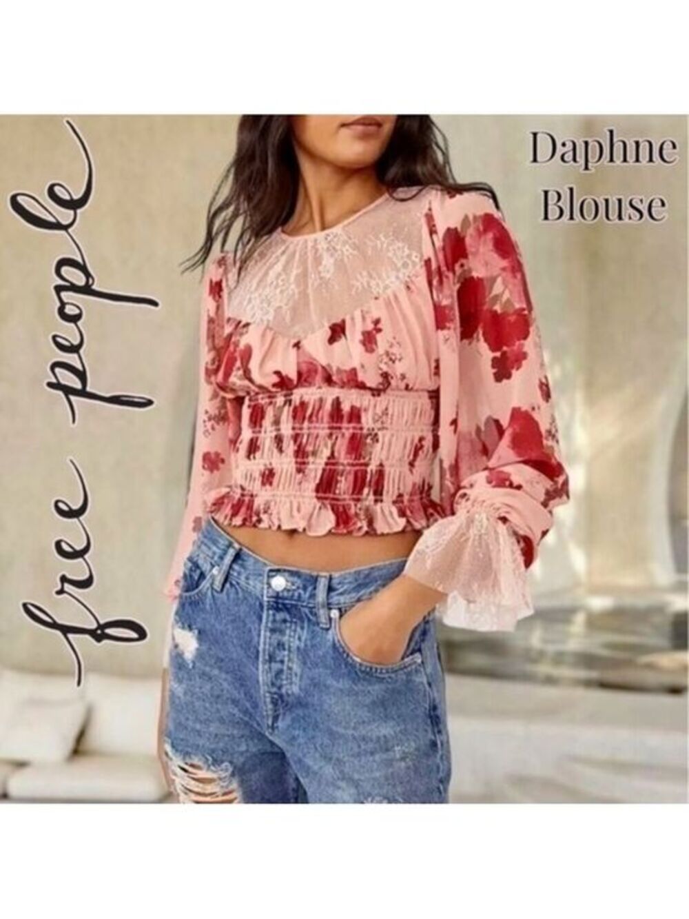 FREE PEOPLE Daphne Rose/Floral Long Sleeve Sheer Lace Ruched Blouse-Sm NWT